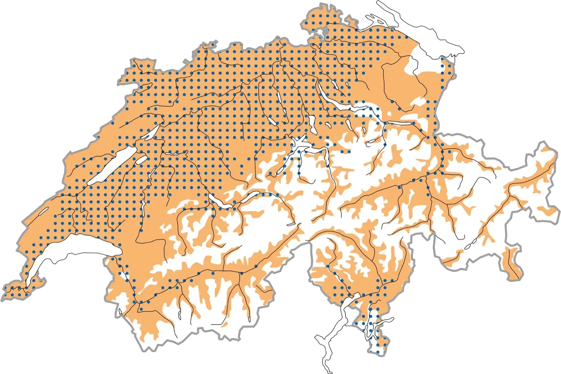 Répartition schématique pendant la période de reproduction (ocre), en hiver (pointillés bleus). © Station ornithologique suisse Répartition schématique pendant la période de reproduction (ocre), en hiver (pointillés bleus). © Station ornithologique suisse